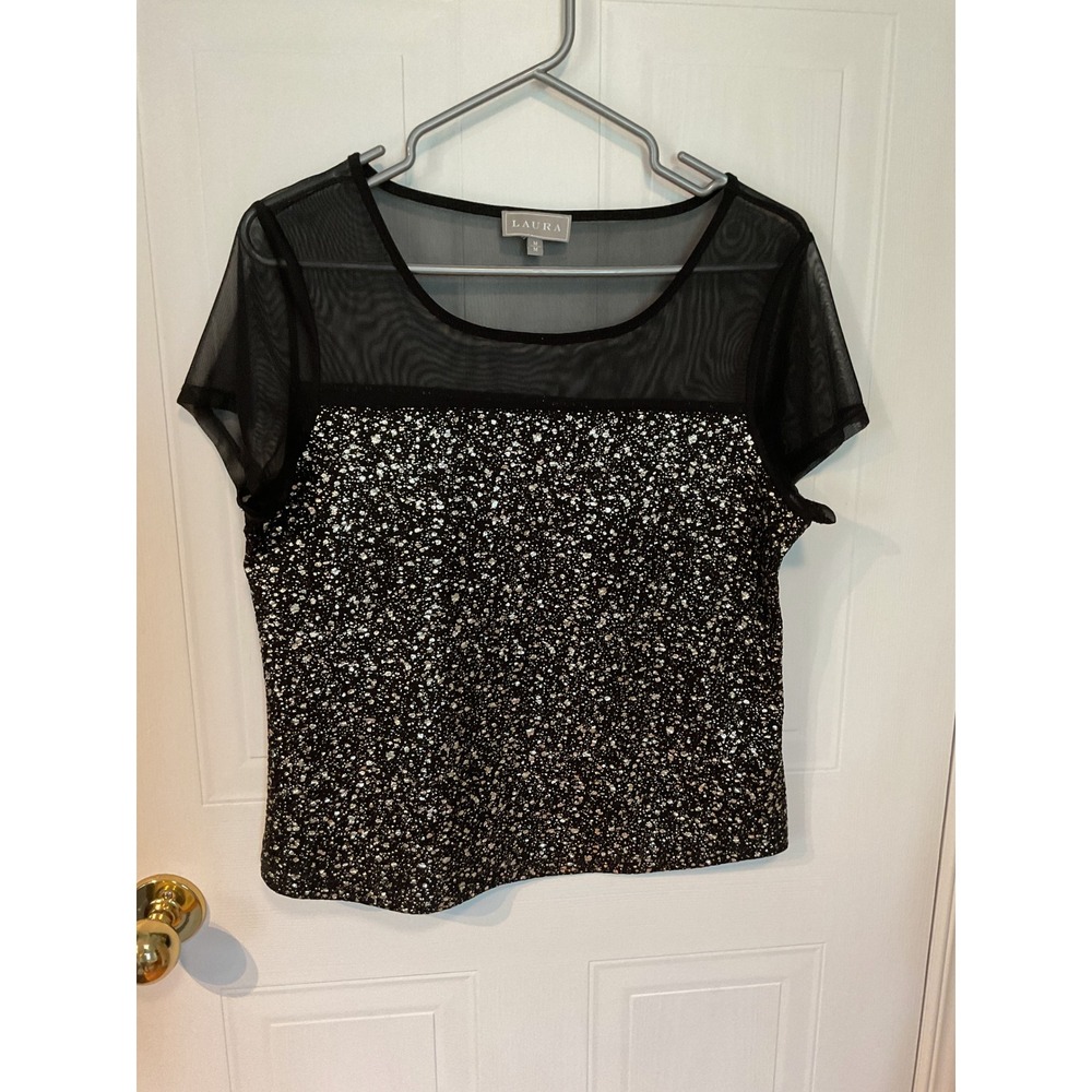 Laura Blouse Women Size M Black Excellent Mesh Yoke Silver Metallic Splatter Top